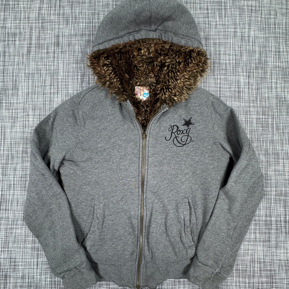 Roxy Womens Faux Fur Lined Hoodie Medium Gray Full Zip Embroidered Logo Y2K